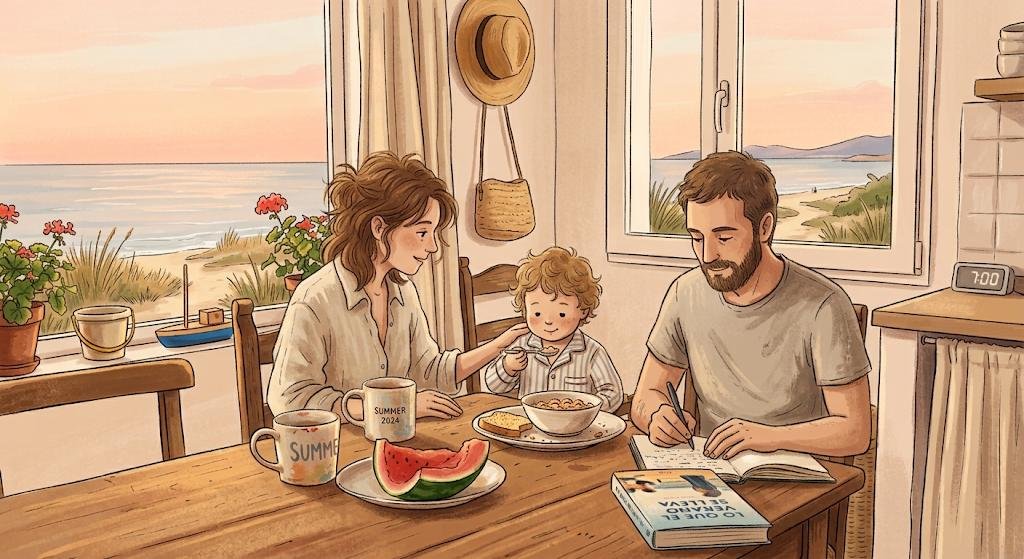 Familia desayunando en interior luminoso con vistas al mar, taza con texto SUMMER y reloj marcando las siete de la mañana